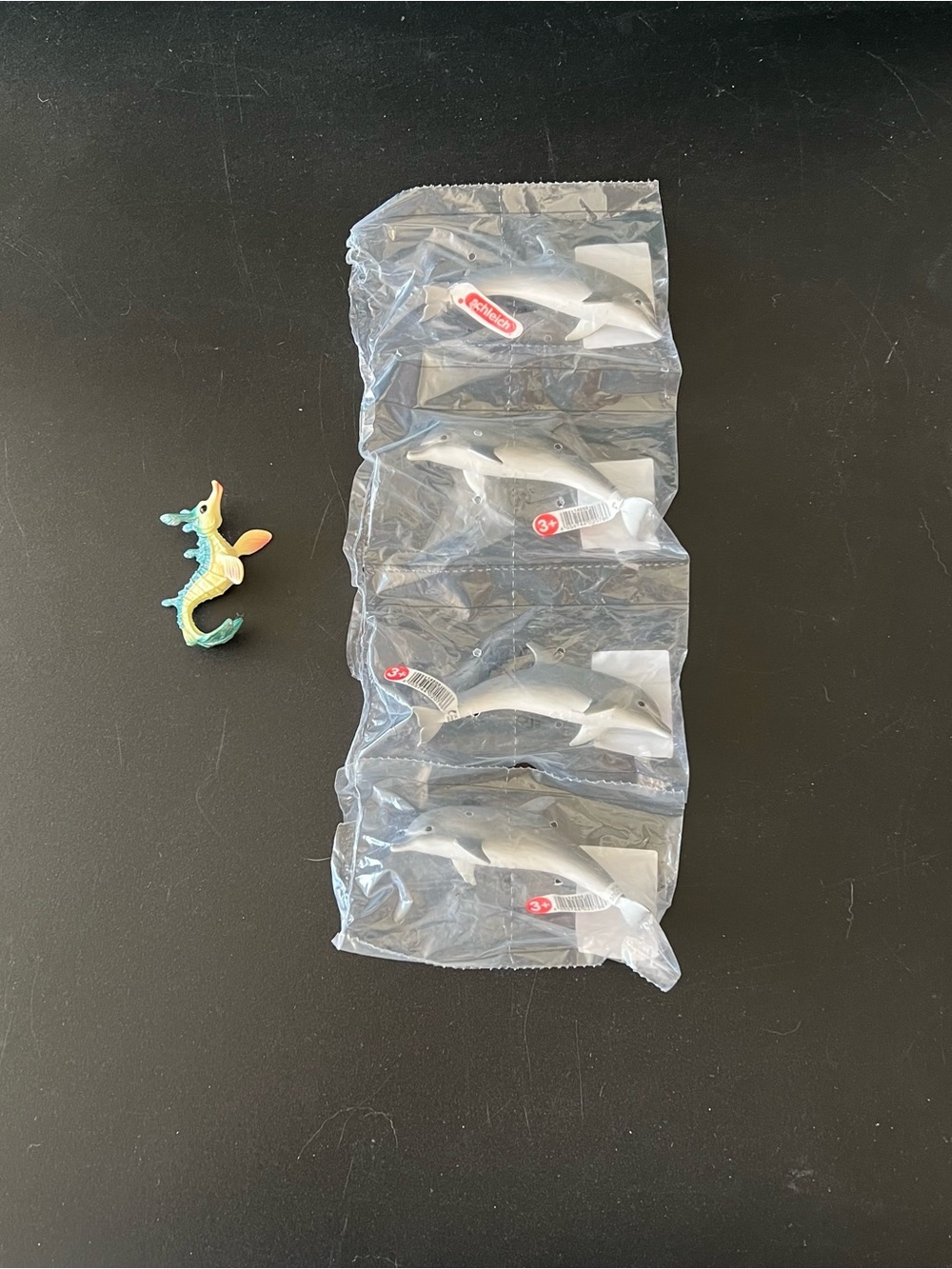 Schleich Gray Dolphins Toy Figures – Pack of 4 + Seahorse.